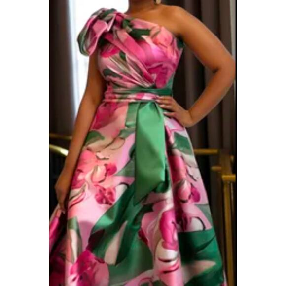 Elegant pink & green one shoulder plus size cocktail dress  by X Plus size XL - Picture 1 of 12